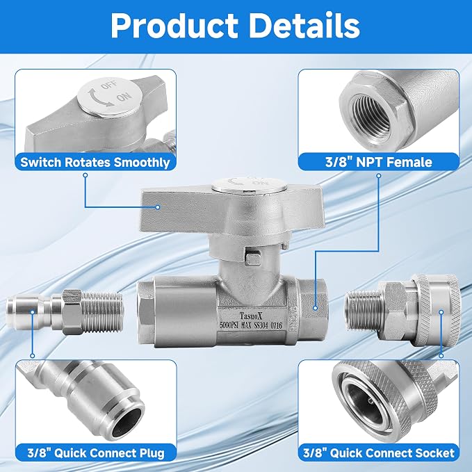 Ball Valve Pressure Washer– 3/8" Quick Connect Shut Off Valve for Power Washer Hose, 5000 PSI, Stainless Steel, Ideal for Fast Switching Between Surface Cleaner & Spray Gun