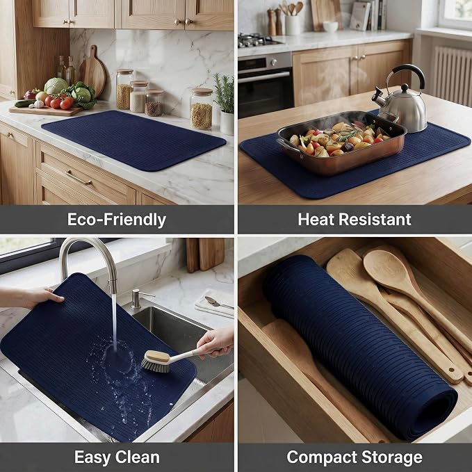 MicoYang Silicone Dish Drying Mat for Multiple Usage,Easy clean,Eco-friendly,Heat-resistant Silicone Mat for Kitchen Counter or Sink,Refrigerator or Drawer Liner Navy Blue 3XL 28 inches x 18 inches