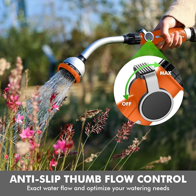 RESTMO Watering Wand Heavy Duty, 15-Inch Long Hose Nozzle Sprayer | 10 Spray Patterns & Thumb Flow Control, Metal Garden Hose Wand for Water Hanging Baskets and Shrubs, Orange