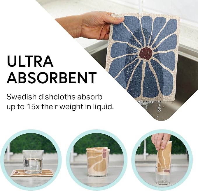 Swedish Wholesale Dishcloths Reusable 8" x 7" Sponge Cloths, Bulk 10 Pack of High Absorbent Cellulose Dish & Kitchen Cleaning Hand Towels, Wring to Dry & Machine Wash, Odor Resistant, Retro Flower