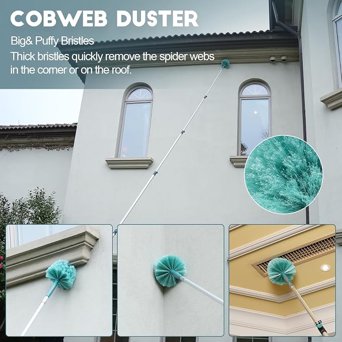 TelesPro 36 Foot High Reach Duster Kit with 7-30FT Extension Pole High Ceiling Dusting and Window Cleaning Kit with Telescopic Pole Window Washer&Squeegee,Cobweb Duster,Fan Duster and Feather Duster