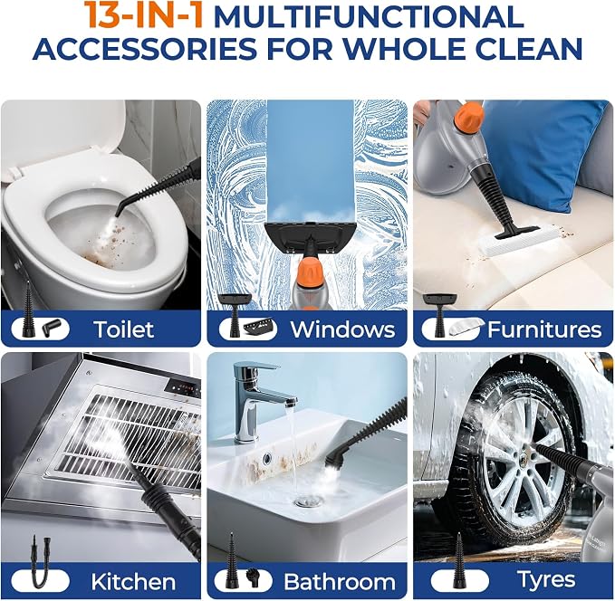 Pressurized Handheld Steam Cleaner, 13Pcs Portable Deep Cleaning Steamer | Natural Deep Cleaning, Multi-Purpose for Home, Grout, Kitchen, Car, Window, Upholstery, Bathroom and Clothes