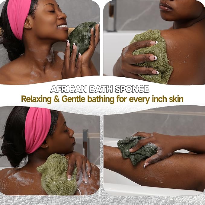 SubSahara Authentic African Net Sponge - 2 Pack Exfoliating Bath & Shower Loofah Sponge for Body & Face, Gentle Scrubber for All Skin Types, Travel, Durable Polyester (Olive Green & Light Green)