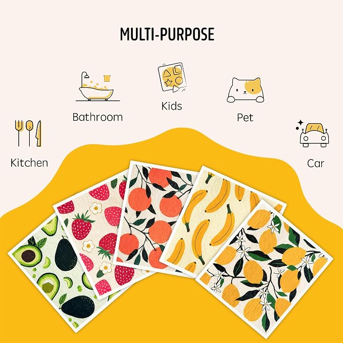 Swedish Dishcloths for Kitchen, Swedish Dish Cloths 5 Pack, Super Absorbent Reusable Paper Towels Washable, Biodegradable, Quick Drying, Dishwasher Safe