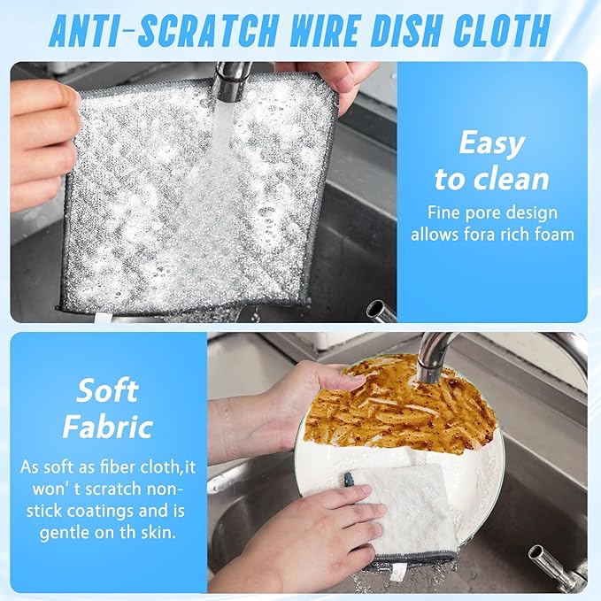 Wangjinpeng10 Pcs New Upgrade 4-Layer Metal Dish Cloths, Non-Scratch Odor-Free Multipurpose Wire Dishwashing Rags for Wet Dry Use, Kitchen Cleaning Cloths for Dishes, Sinks & Stove Tops(7.87X7.87)