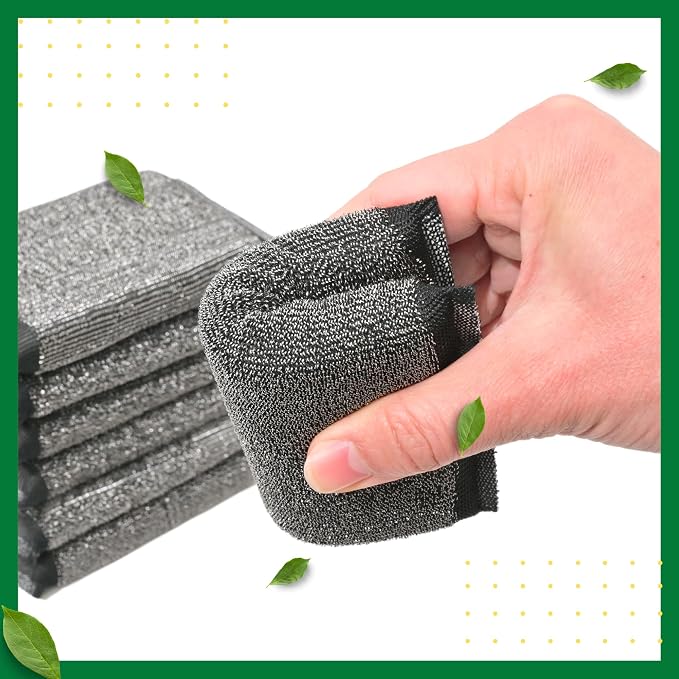 Steel Wool Scrub Sponges, Non Scratch Kitchen Dish Scrubbers | 12 Pack Black Reusable Gentle Cleaning Sponges for Pots, Pans, Cookware, No Scratches on Stainless & Non-Stick Surfaces