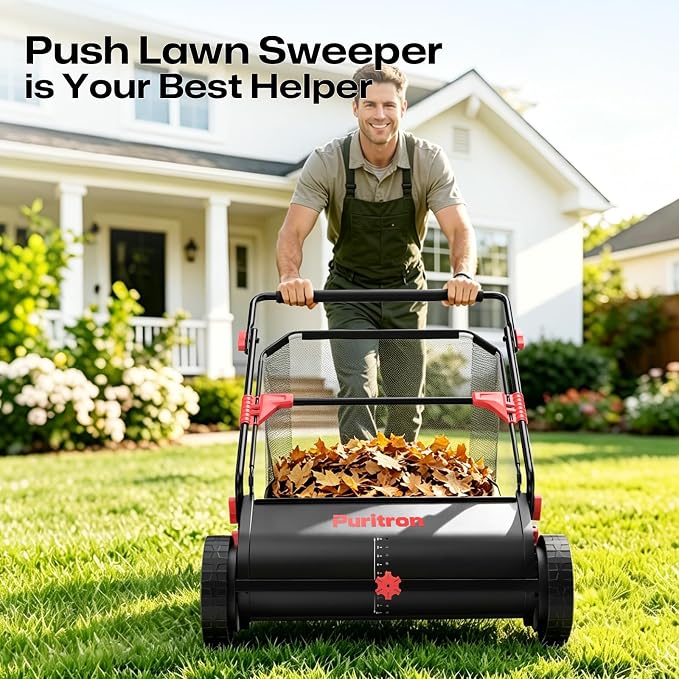 Push Lawn Sweeper, 26 Inch Leaf & Grass Collector, Strong Rubber Wheels & Heavy Duty Thickened Steel Durable to Use with Large Capacity 7 ft³ Mesh Collection Bag, 4 Spinning Brushes