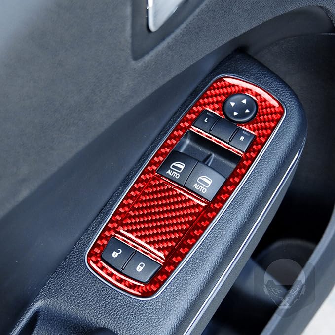 Window Switch Panel Trim Fit for Dodge Charger/Chrysler 300 2011-2023 | Real Carbon Fiber | Accessories | Window Lift Button Trim Sticker | Thick Overlay | Self-adhesive | Red