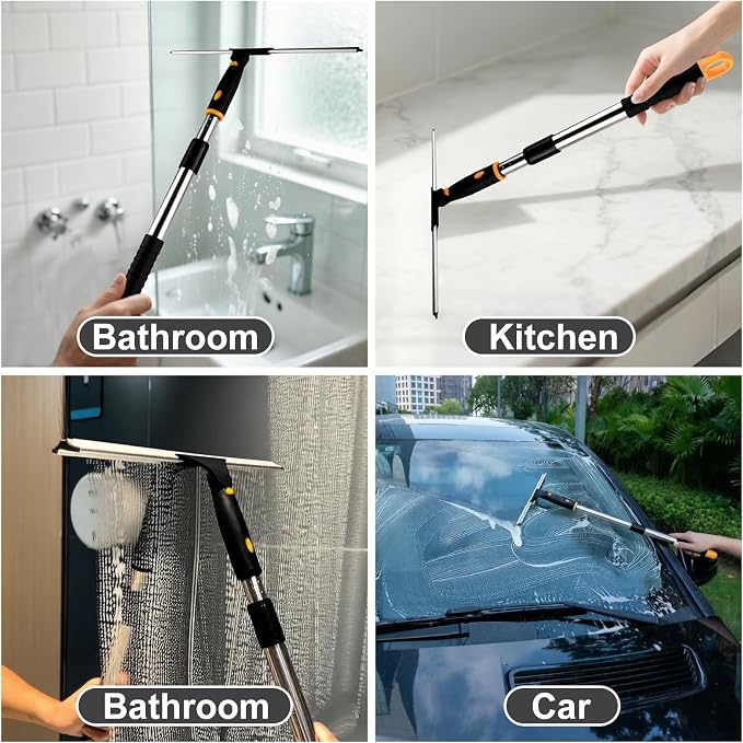 14" Window Cleaning Tool, All-Purpose Extendable Window Squeegee with 2 Blades and Stainless Steel Pole, Shower Squeegee for Glass Doors,Shower Doors, Windows, Bathroom and Car Windshields