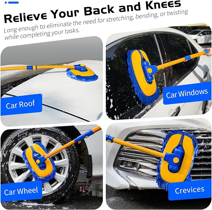 Ordenado 15°Curved Car Wash Brush with Long Handle, 43" Car Cleaning Brush with Extension Pole, Microfiber RV Wash Mop Scratch-Free, Exterior Washer Mop for Washing Roof Truck Camper SUV Caravan Blue