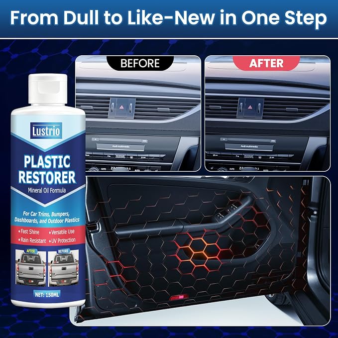Plastic Restorer Spray for Car Exterior & Interior – 5oz (150ml) Kit with Applicator Sponge – Restores Black Trim, Door Panels, Bumpers & Vinyl Surfaces – Anti-UV, Water-Resistant, No Greasy Residue