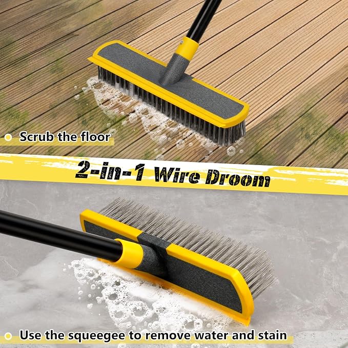 2 in 1 Stainless Steel Wire Brush Heavy Duty Floor Deck Scrub | 60" Long Handle Outdoor Push Broom for Moss Removal/Concrete/Patio/Deck/Garden/Pool/Floor Cleaning|Yellow