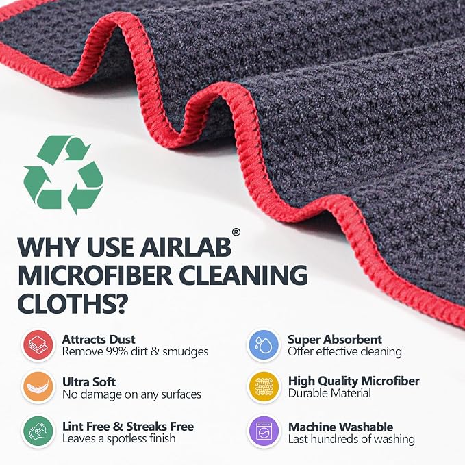Airlab Glass Polishing Streak Free Miracle Cleaning Cloth, Grey-Red | Lint Free Microfiber Cleaning Rags for Glasses Kitchen Dish Mirrors Easy Clean, 12 x 12 Inches, Pack of 6