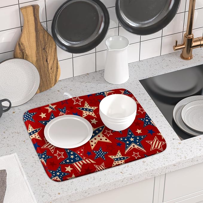 4th of July Dish Drying Mat for Kitchen Counter Patriotic Red Absorbent Dishes Dryer Pad