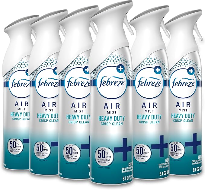 Febreze Air Mist, Air Freshener Spray, Odor Fighting Room Spray, Deodorizer for Home Bathroom Kitchen Office Apartment Dorm Room Classroom, Heavy Duty Crisp Clean Scent, 8.1oz, (Pack of 6)