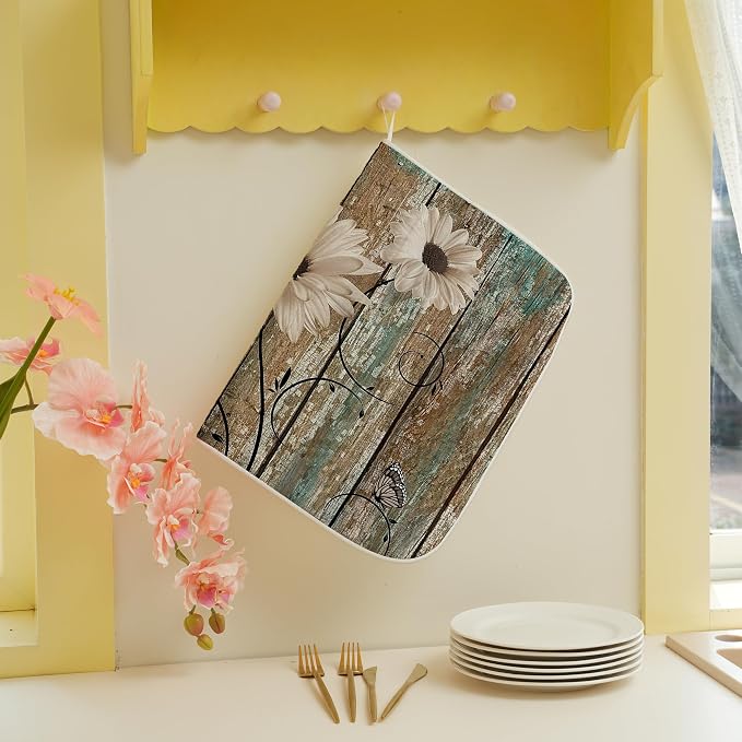 Floral Dish Drying Mat 18x24 Inches For Kitchen Counter Brown Daisy Flower Kitchen Decoration Drying Mat Decorative Floral Drying Pad for Kitchen Dining Room Decor