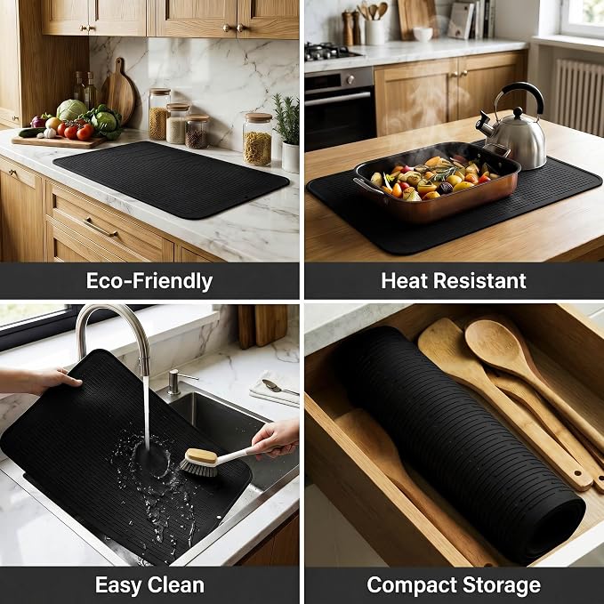 MicoYang Silicone Dish Drying Mat for Multiple Usage,Easy clean,Eco-friendly,Heat-resistant Silicone Mat for Kitchen Counter or Sink,Refrigerator or Drawer Liner Black 3XL 28 inches x 18 inches