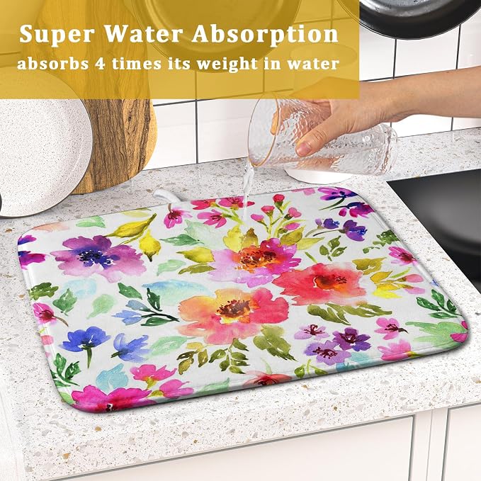 Spring Floral Dish Drying Mat for Kitchen Counter Flower Microfiber Absorbent Dish Draining Reusable Washable Foldable 16"x18"