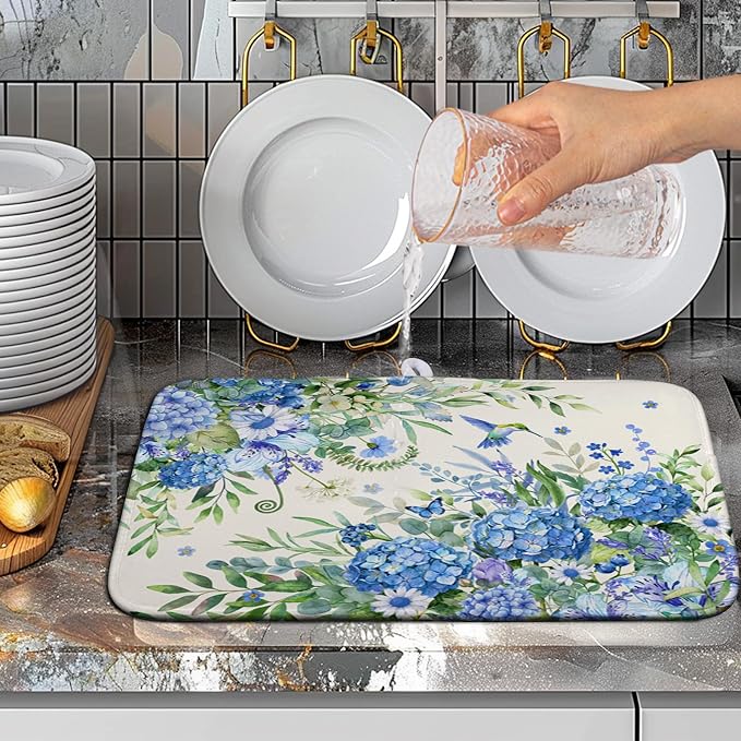 Blue Hydrangea Dish Drying Mat for Kitchen Counter 16 x 18 Inch Spring Floral Hummingbird Butterfly Absorbent Microfiber Dish Mat Reversible Washable Heat Resistant Dry Pad for Coffee Bar