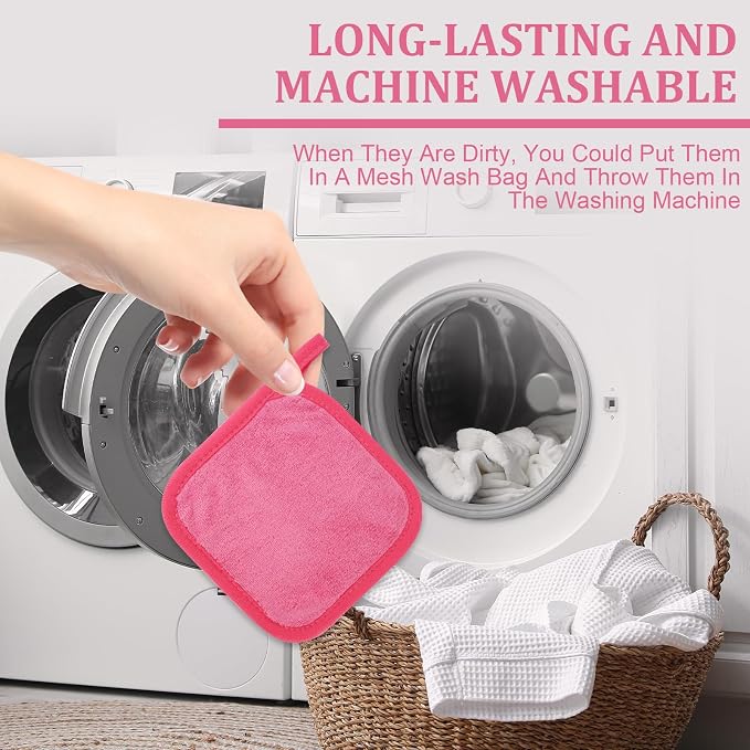 Puomue Makeup Remover Cloth 12 Pack, Ultra Soft and Reusable Microfiber Makeup Remover Towels for All Skin Types, Perfect Face Towels for Women, 6 Inch X 6 Inch, Rose Red