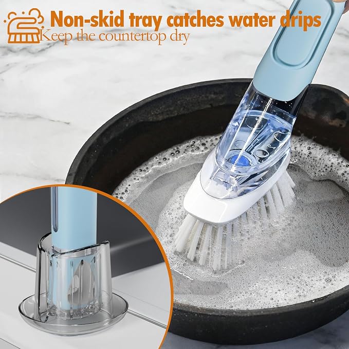 Soap Dispensing Replacement Dish Brush with 2 PCS Brush Refills & Holder | RIMAY Dispenser Scrub Cleaning Scrubber Kitchen Dishwashing Dish Wand Handle for Dishes/Pans/Pots/Sink(Blue)