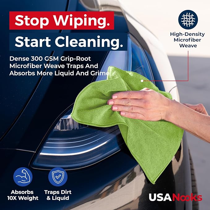 USANOOKS Microfiber Cleaning Cloth Light Green - 24 Pcs 12.5"x12.5" - High Performance - 1200 Washes, Ultra Absorbent Towels Weave Grime & Liquid for Streak-Free Mirror Shine - Car Washing Cloth
