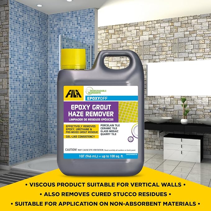 FILA EPOXYOFF, Epoxy Grout Haze Remover, Effectively Removes Epoxy Residue, The Product Can Be Applied on Vertical Surfaces, 1 QT