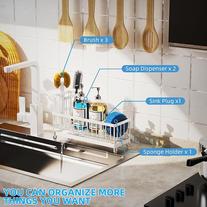 Moforoco Extra Large Kitchen Sink Caddy, Rustproof Sponge Holder for Kitchen with High Brush Holder, Stainless Steel White Kitchen Caddy Countertop Organizer, Sponge Caddy for Kitchen