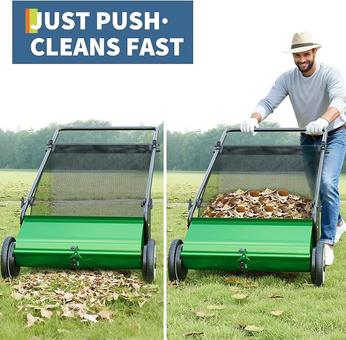 Garvee Push Lawn Sweeper,26-Inch Width Enhanced 4-Brush System with Large 7 cu. ft. Hopper Bag, Ideal for Yard and Garden Cleanup, Green | Brush Height Adjustment, All-Terrain Suitable, 7 cu.ft Hopper Bag, Durable Steel Frame, Easy Setup, Compact & Spa...