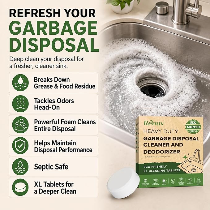 Renuv® Garbage Disposal Cleaner and Deodorizer Tablets, 6 XL Tablets | Foaming Citrus Scent, Drain Freshener, Kitchen Sink Odor Refresher For Garbage Disposer Cleaning