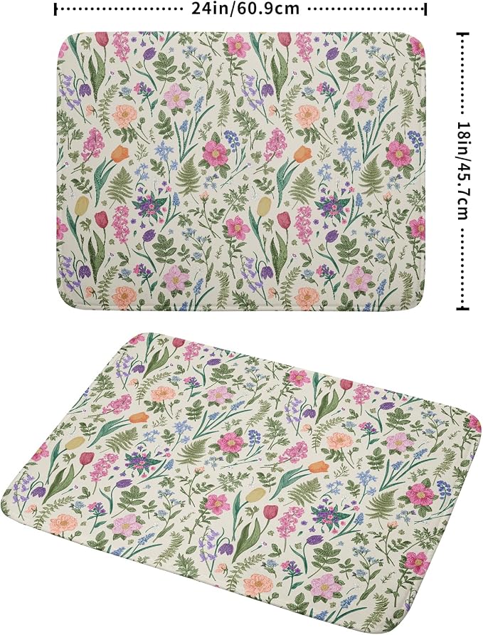 Spring Floral Dish Drying Mat for Kitchen Counter 18x24 Pink Sage Green Flower Vintage Botanical Print Absorbent Reversible Microfiber Drying Mats Kitchen Countertop Protector Dishes Drainer Rack Pad