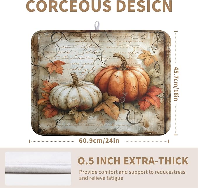 Fall Pumpkin Dish Drying Mats for Kitchen Counter 18x24 Inch Vintage Maple Leaves Dishes Drying Mat Seasonal Autumn Dish Drainer Mats Microfiber Absorbent Dish Drying Pads with Hanging Loop