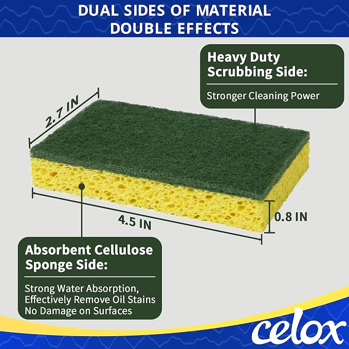 CELOX Sponges Kitchen Sponges for Dishes and Cleaning, 2-Sided Scrub Sponges Dish Sponge and Kitchen Sponge for Washing Dishes, Heavy Duty, Non-Scratch, Sinks, Household Use, Green and Yellow, 12-Pack