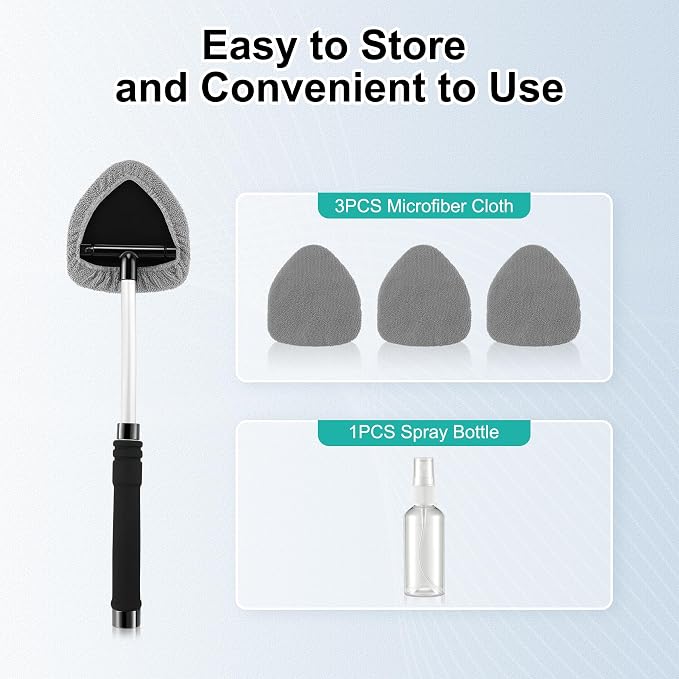 JUSTTOP Windshield Cleaner Tool, Car Interior and Exterior Window Cleaning Kit with Extendable Handle & 4 Reusable Microfiber Pads, Auto Glass Wiper Brush Kit for Car & Home Windows (Grey)