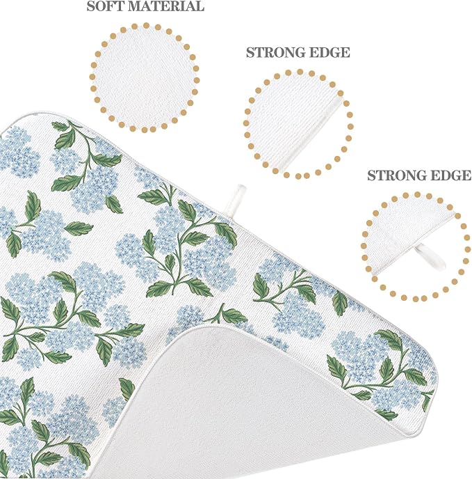 Blue Sage Green Floral Dish Drying Mat 18 x 24 Inch Spring Hydrangea Floral Drying Mat for Kitchen Counter Absorbent Summer Flowers Dishes Dry Pad for Drainer Rack Kitchen Fast Dry
