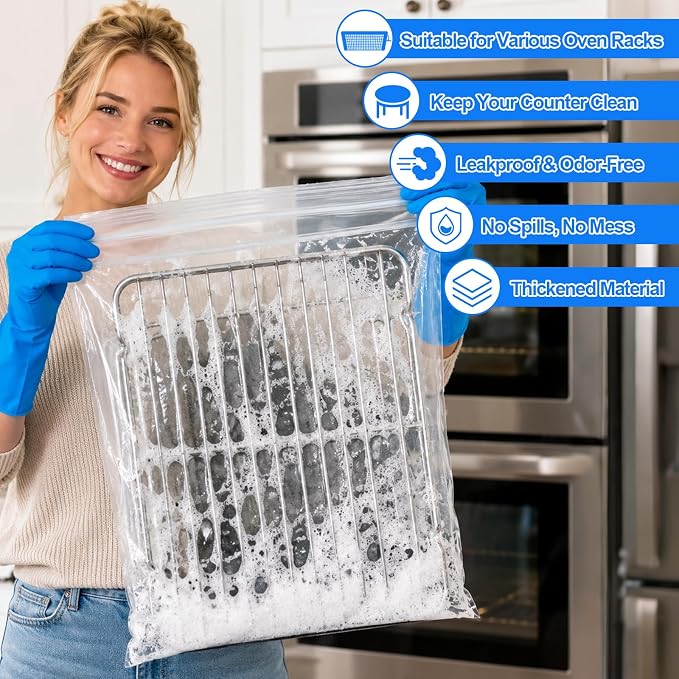 Palksky Oven Rack Cleaning Bags, 15.7 x 23.7 in Heavy Duty No Scrub Bags for Use with Oven Cleaner, Reusable Leak-Resistant PE Bags for Grill Grates & BBQ Racks, No Cleaner Included, 3 Pack