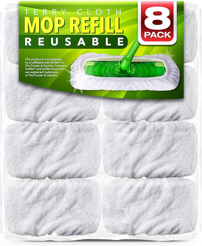 VanDuck Reusable 100% Cotton Mop Pads for Swiffer Sweeper (8-Pack) | Mop not included, reusable terry cloth mop covers, cotton replacement refills, machine washable wet mopping pads