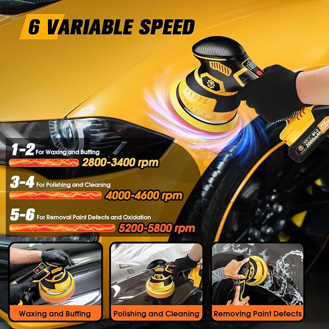 Cordless Car Buffer Polisher kit, DA Polisher with 2*21V Batteries | 2x 21V 2000mAh Batteries, 6-speed, LED Display, Random Orbital, 18 pcs Assorted Polishing Pads for Car Detailing-Yellow