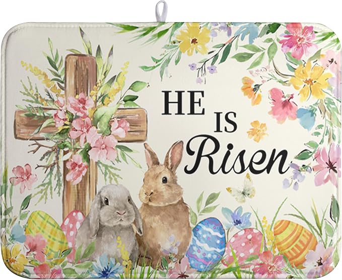 Easter He Is Risen Bunny Dish Drying Mat for Kitchen Counter Spring Easter Cross Floral Eggs Drying Pad 18x24 In Microfiber Absorbent Holiday Dishes Drainer for Kitchen Counter Tableware