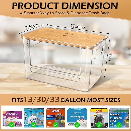 Stackable Trash Bag Dispenser with Wooden Top for Holding 13/30/33-Gallon Large Bag Sizes – Extra-Large Garbage Bag Holder with Anti-Slip Base, Trash Bag Dispenser Under Sink (11.5"x7.5"x7")