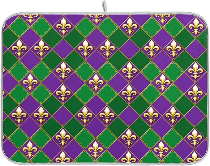 Happy Mardi Gras Purple Green Dish Drying Mat for Kitchen Countertop 18x24 Fleur de Lis Buffalo Plaid Large Drying Mat Reusable Quick Dry Dish Sink Mats Easy Clean Decorative Essentials