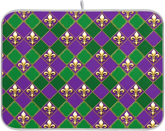 Happy Mardi Gras Purple Green Dish Drying Mat for Kitchen Countertop 18x24 Fleur de Lis Buffalo Plaid Large Drying Mat Reusable Quick Dry Dish Sink Mats Easy Clean Decorative Essentials