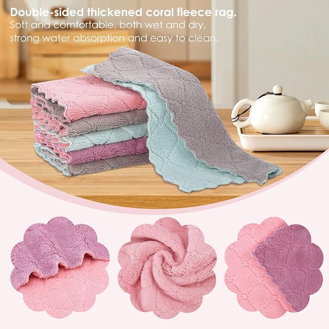 22 Pack Kitchen Dish Cloths, Reusable Dish Towels, Nonstick Oil Washable Fast Drying, Super Absorbent Coral Velvet Cleaning Cloths for Cleaning Tableware, Kitchen, Bathroom (Pink-green-10" x 6")