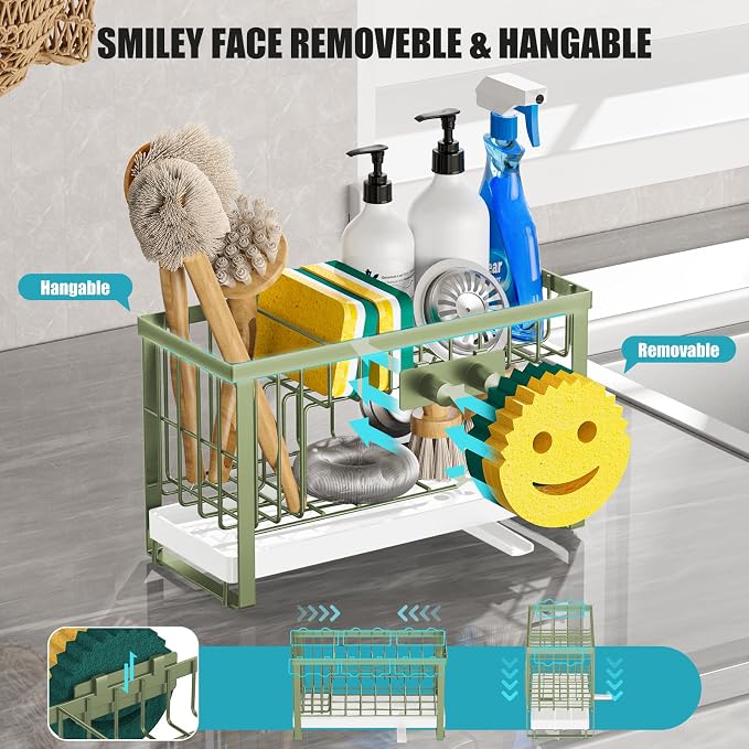 Sponge Holder for Kitchen Sink with Flexible Smiley Face, 2 Tier Kitchen Sink Organizer, Countertop and Storage Essentials, Soap Dispenser Organizer, Home Decor Accessories - Green