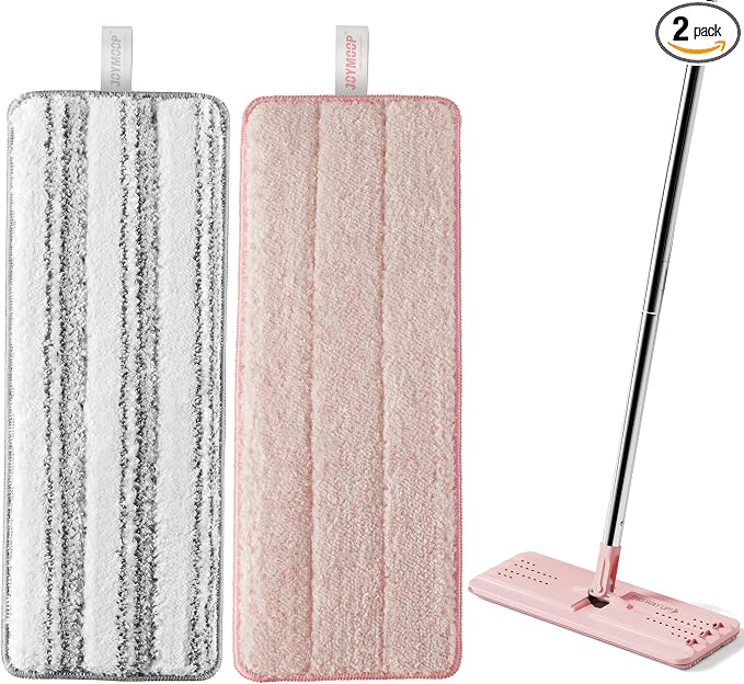 JOYMOOP Microfiber Replacement Pads for 13-Inch Flat Mop and Bucket System, Reusable Refills, Pack of 2, Stripe and Pink