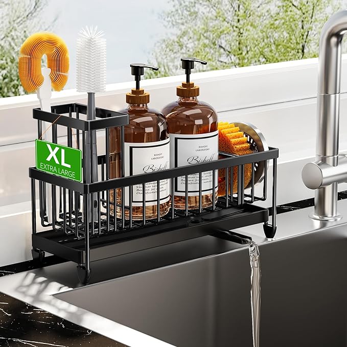 Cisily Sponge Holder for Kitchen Sink, Sink Caddy Organizer with High Brush Holder, Kitchen Countertop Organizers and Storage Essentials, Rustproof 304 Stainless Steel (Large Black, 10.62″)