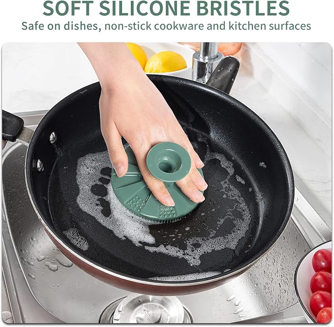 Silicone Dish Scrubber, Non-Scratch Scrub Spong for Washing Dish, Pot, Pan | Kitchen Silicone Sponge, Fruit & Vegetable Cleaning Brush, Reusable Dishwashing Scrubber, Suction Up Hang, 1 Pack, OliveGreen