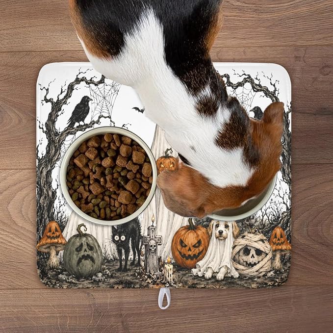 Halloween Ghost Dish Drying Mat for Kitchen Counter Spooky Pumpkins Dog Cat Crow Pattern Microfiber Dish Drainer Mat Vintage Holiday Absorbent Washable Drying Pad 16"x18"