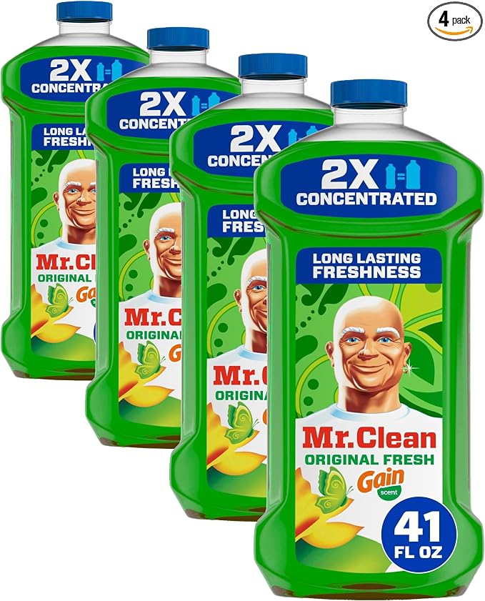 Mr. Clean All Purpose Cleaner, Floor Cleaner for Mopping Home, Bathroom, & Kitchen, Cleaning Liquid for Mop & Bucket, Cleaning Supplies, Multi-Surface Dilutable, Gain, 41oz (Pack of 4)