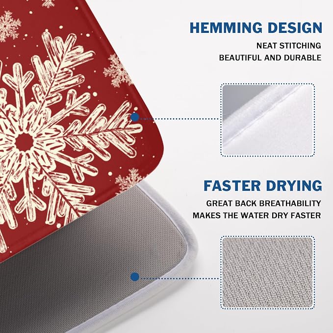 Red Christmas Dish Drying Mat for Kitchen Counter 18x24 Inch | Christmas Snowflake Dish Drainer Mat Rustic Farmhouse Xmas Holiday Absorbent Washable Drying Pad